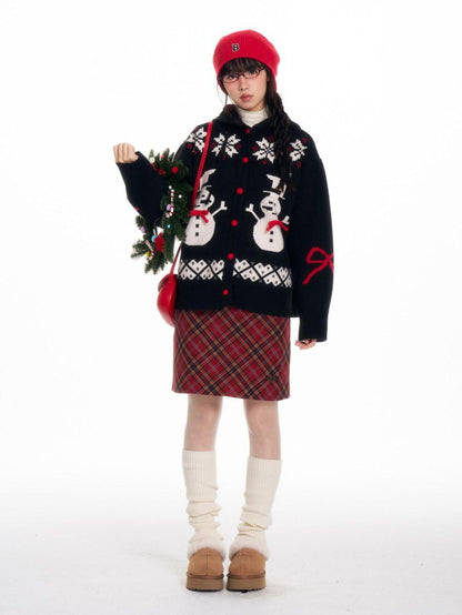 BETWEENAND Snowman Bow Jacquard Embroidered Hooded Women&