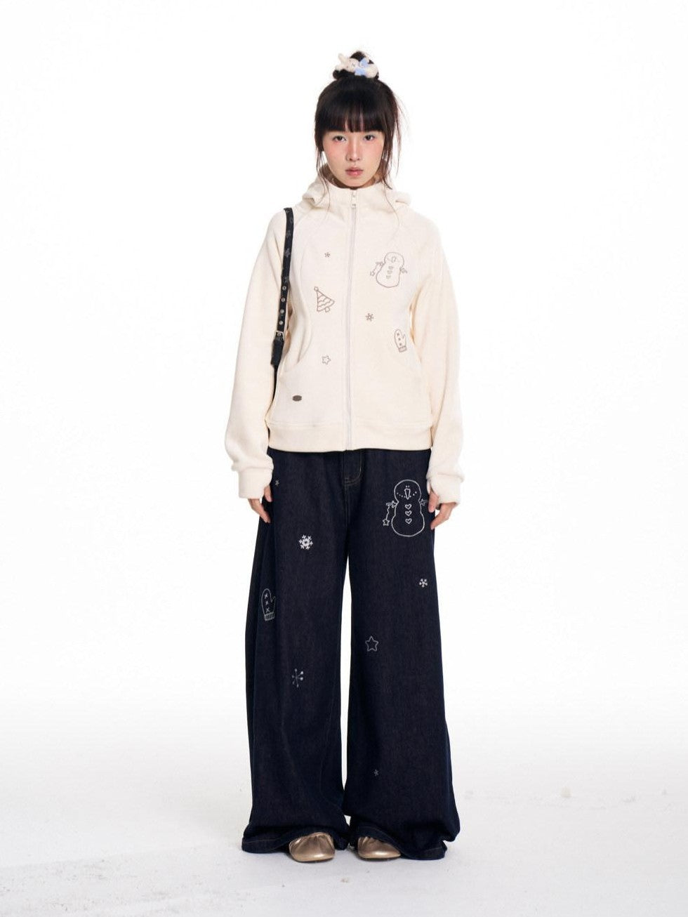 BETWEENAND Snowman Print Vintage Loose Slimming Fleece Lined Women&