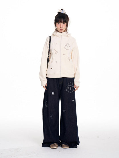 BETWEENAND Snowman Print Vintage Loose Slimming Fleece Lined Women&