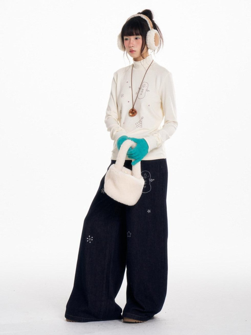 BETWEENAND Snowman Print Vintage Loose Slimming Fleece Lined Women&