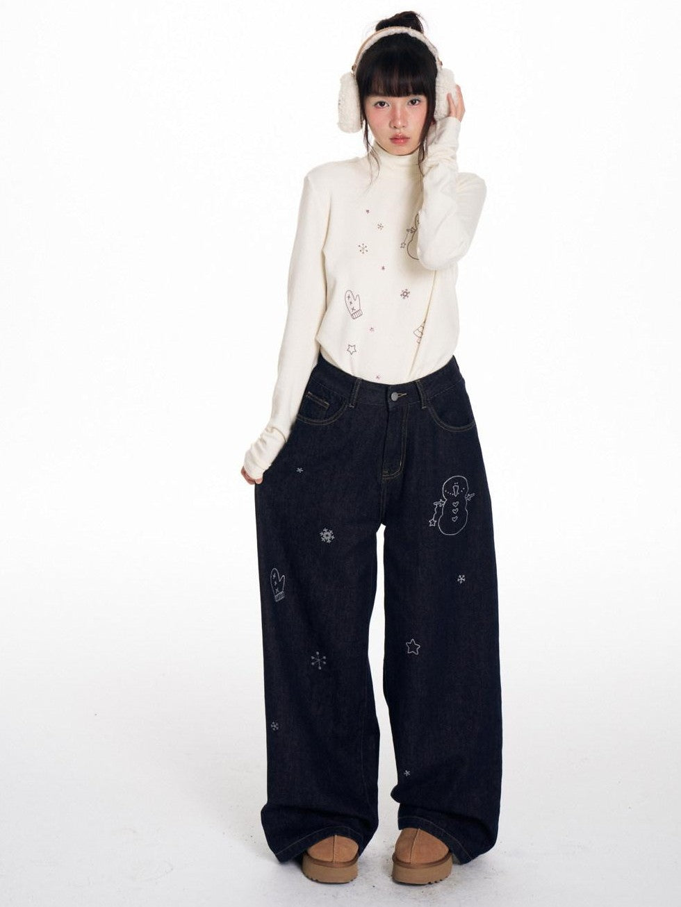 BETWEENAND Snowman Print Vintage Loose Slimming Fleece Lined Women&