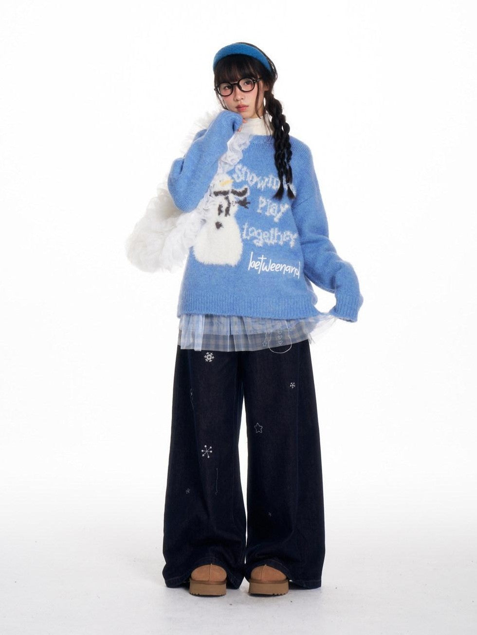 BETWEENAND Snowman Print Vintage Loose Slimming Fleece Lined Women&