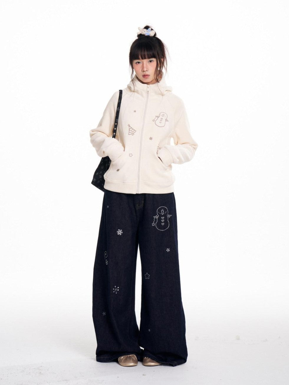 BETWEENAND Snowman Print Vintage Loose Slimming Fleece Lined Women&
