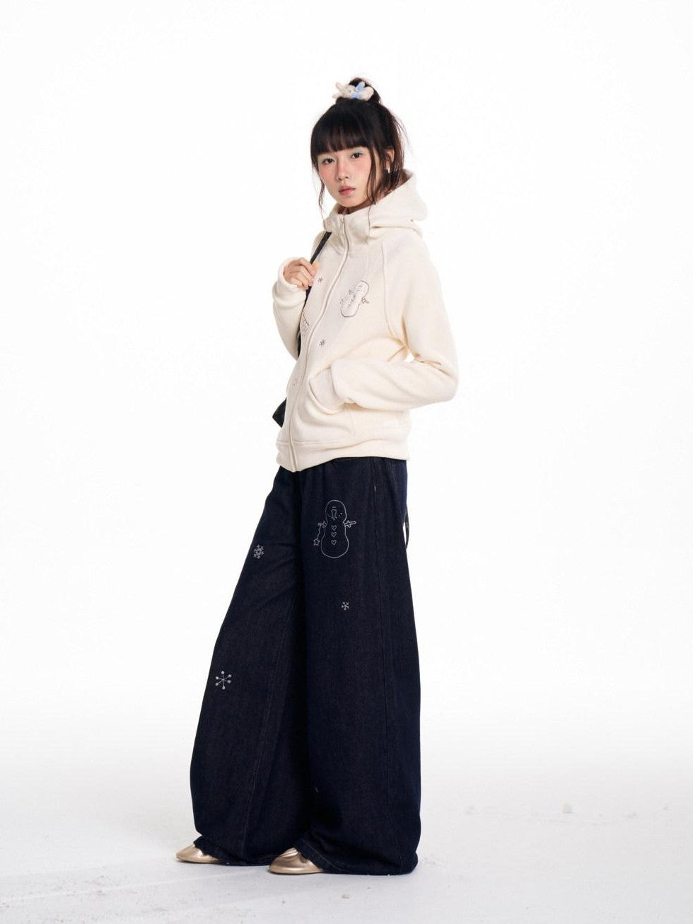 BETWEENAND Snowman Print Vintage Loose Slimming Fleece Lined Women&