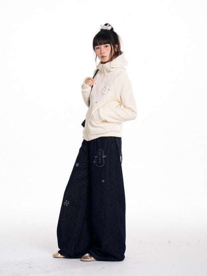 BETWEENAND Snowman Print Vintage Loose Slimming Fleece Lined Women&