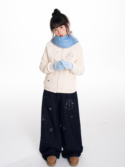 BETWEENAND Snowman Print Vintage Loose Slimming Fleece Lined Women&
