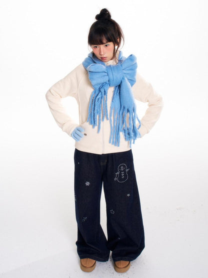 BETWEENAND Snowman Print Vintage Loose Slimming Fleece Lined Women&