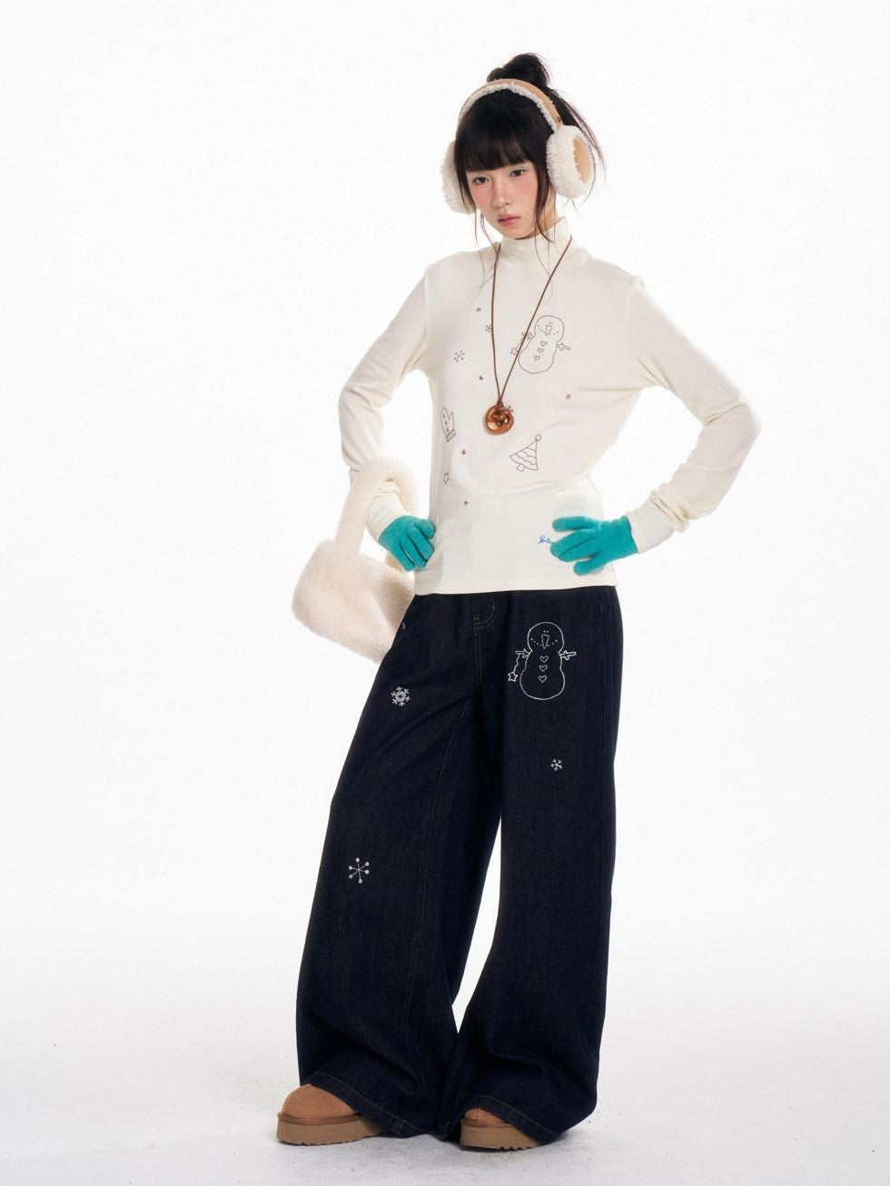 BETWEENAND Snowman Print Vintage Loose Slimming Fleece Lined Women&