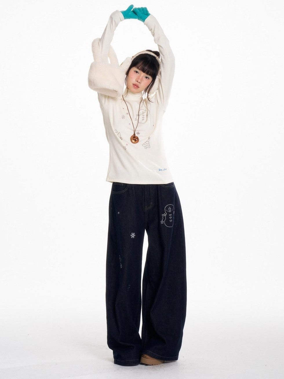 BETWEENAND Snowman Print Vintage Loose Slimming Fleece Lined Women&