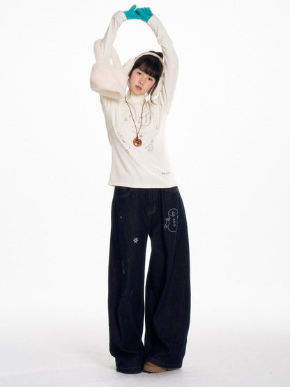 BETWEENAND Snowman Print Vintage Loose Slimming Fleece Lined Women&