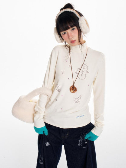 BETWEENAND Soft Beaded Letter Print Mock Neck Women&