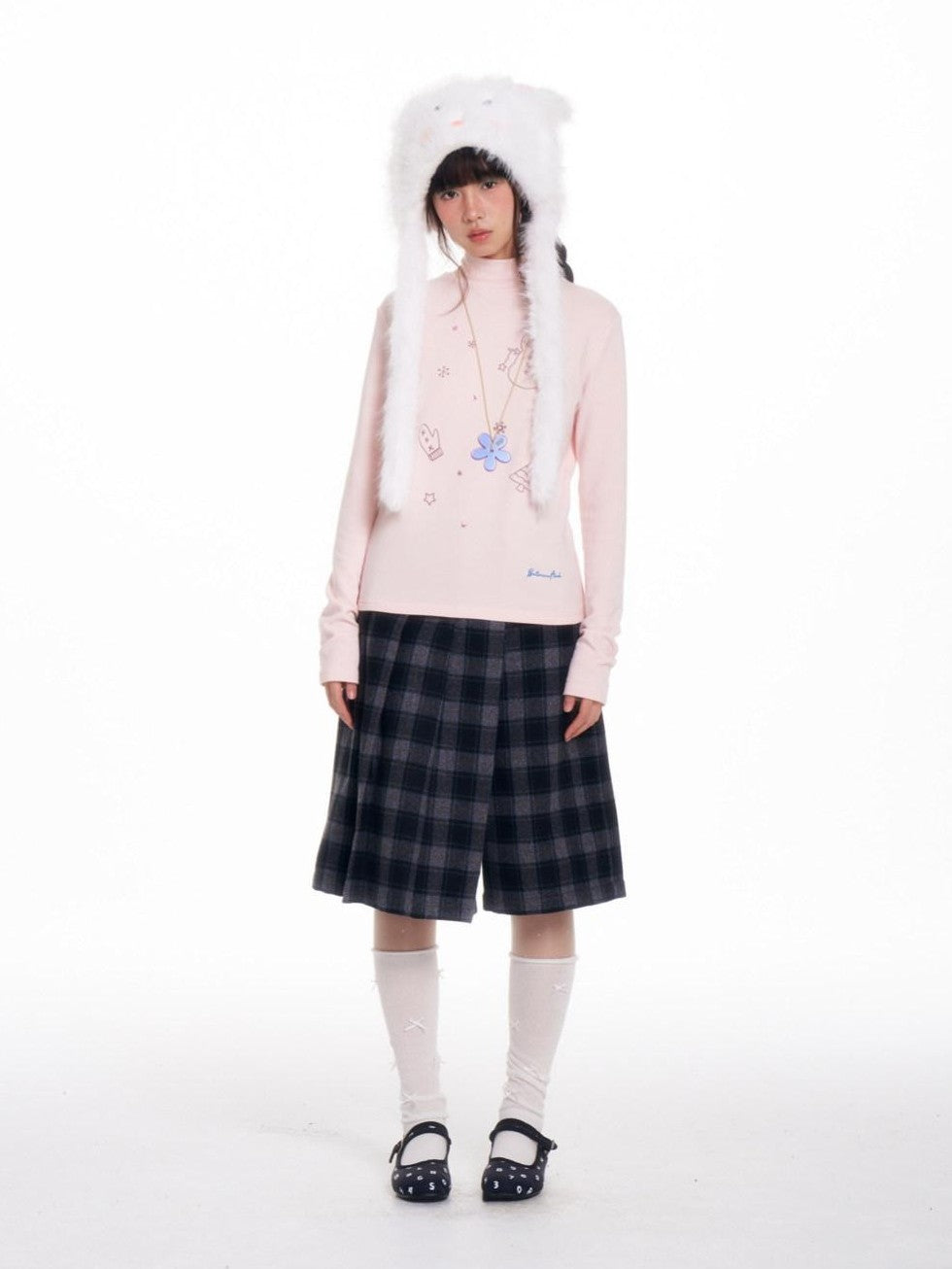 BETWEENAND Soft Beaded Letter Print Mock Neck Women&