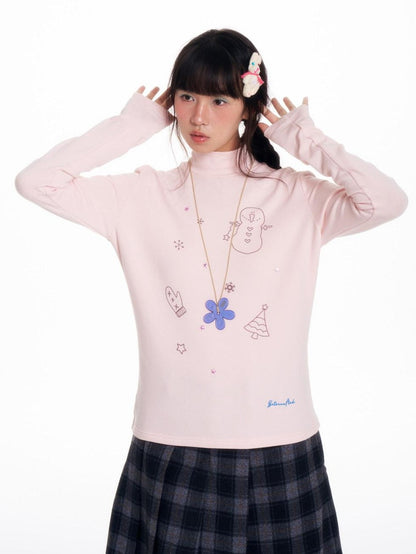BETWEENAND Soft Beaded Letter Print Mock Neck Women&