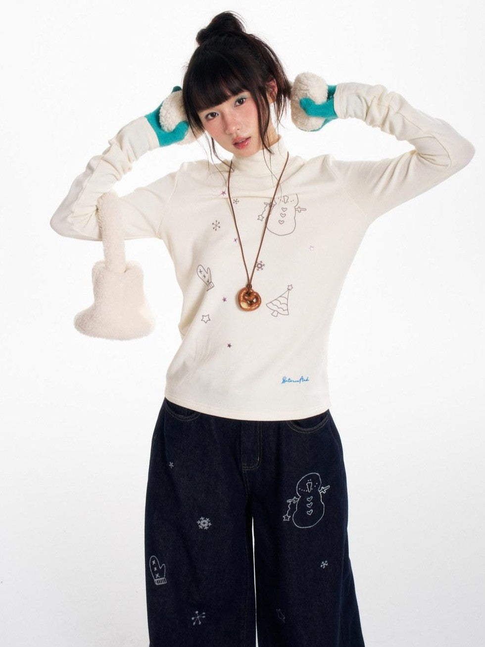 BETWEENAND Soft Beaded Letter Print Mock Neck Women&