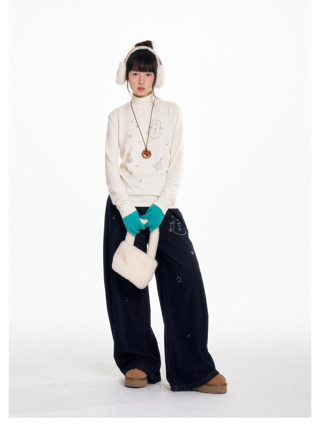 BETWEENAND Soft Beaded Letter Print Mock Neck Women&