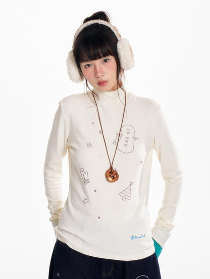 BETWEENAND Soft Beaded Letter Print Mock Neck Women&