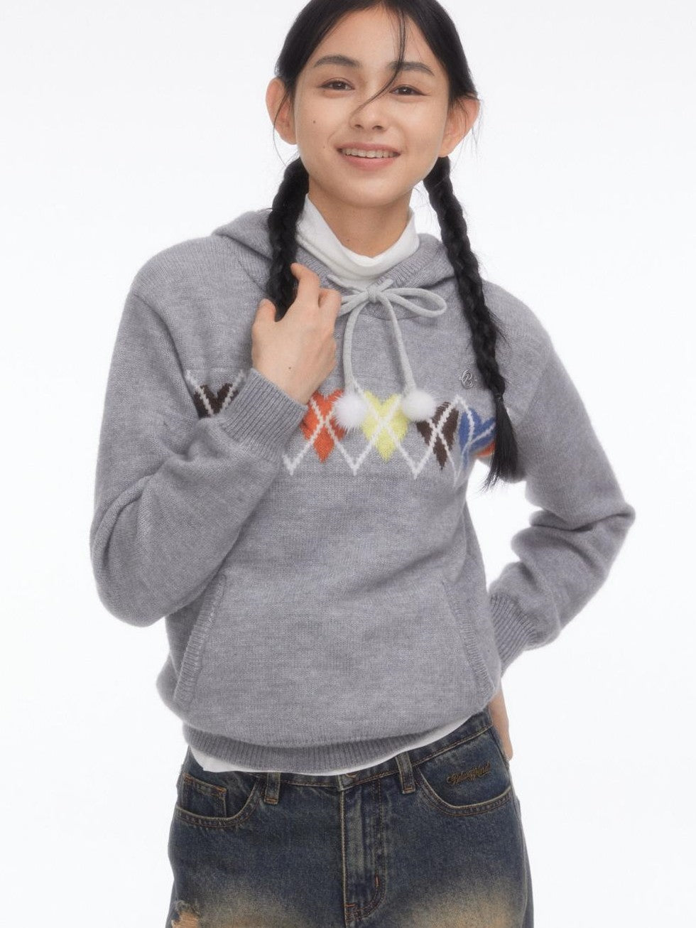 BETWEENAND Soft Gray Sporty Casual Heart Diamond Knit Women&