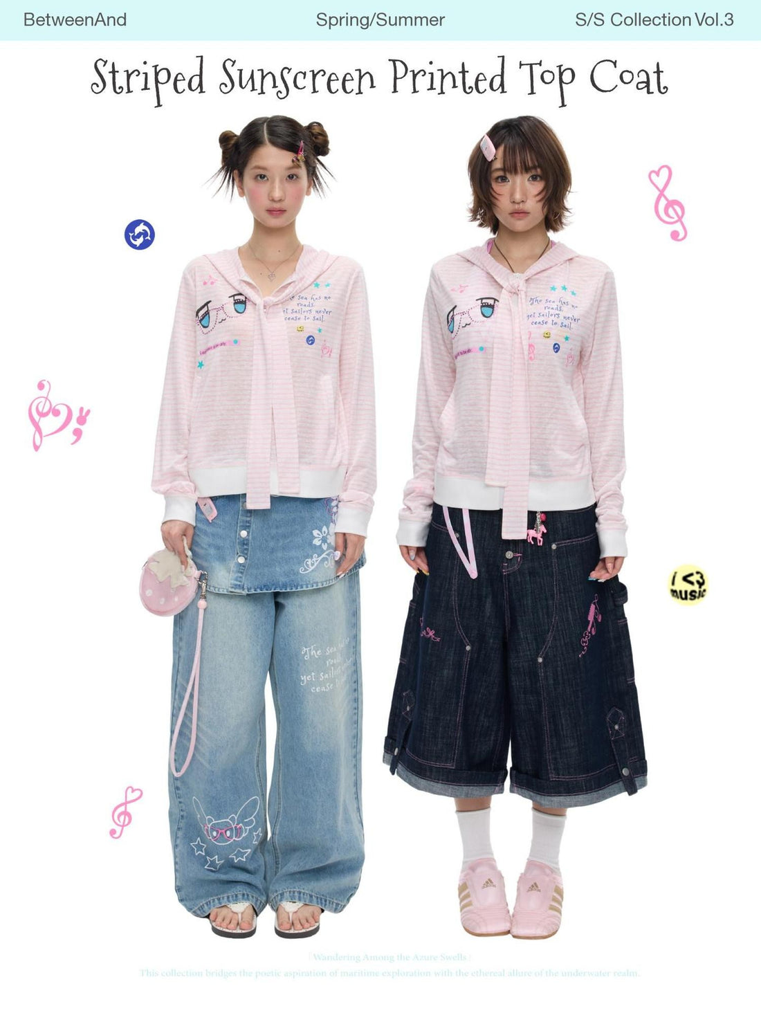 BETWEENAND Soft Pink Striped Printed Zippered Women&