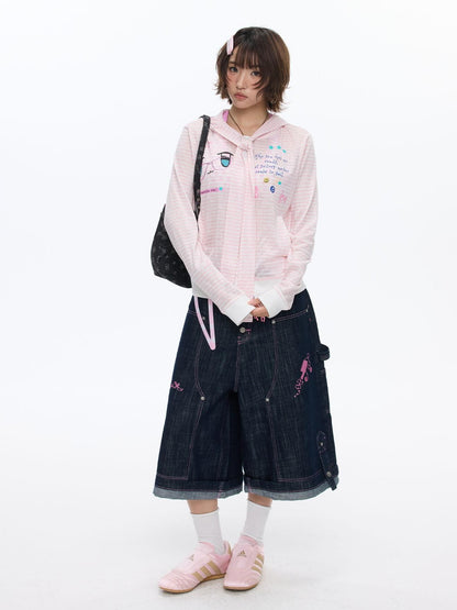 BETWEENAND Soft Pink Striped Printed Zippered Women&