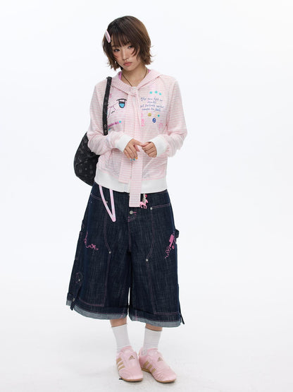 BETWEENAND Soft Pink Striped Printed Zippered Women&