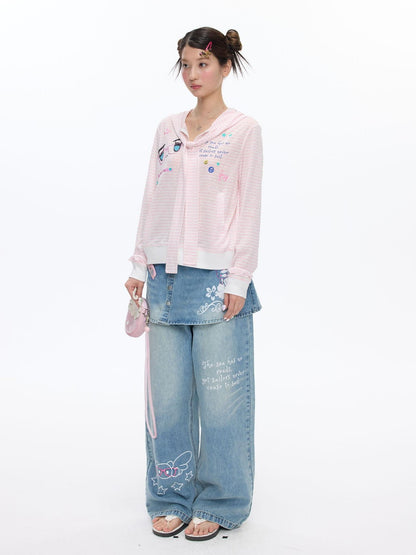 BETWEENAND Soft Pink Striped Printed Zippered Women&