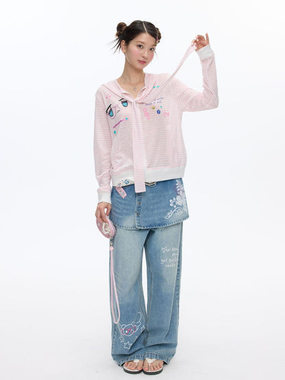 BETWEENAND Soft Pink Striped Printed Zippered Women&