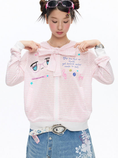 BETWEENAND Soft Pink Striped Printed Zippered Women&