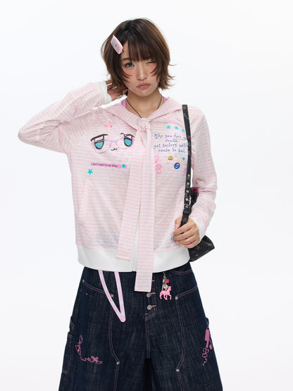 BETWEENAND Soft Pink Striped Printed Zippered Women&