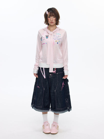 BETWEENAND Soft Pink Striped Printed Zippered Women&