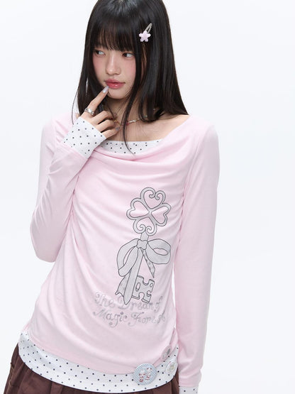 BETWEENAND Splice Bow Print Scoop Neck Women&