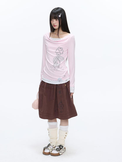 BETWEENAND Splice Bow Print Scoop Neck Women&