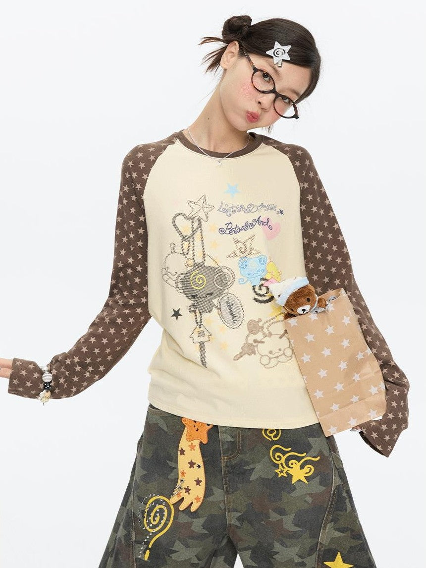 BETWEENAND Star Colorblock Raglan Print Women&