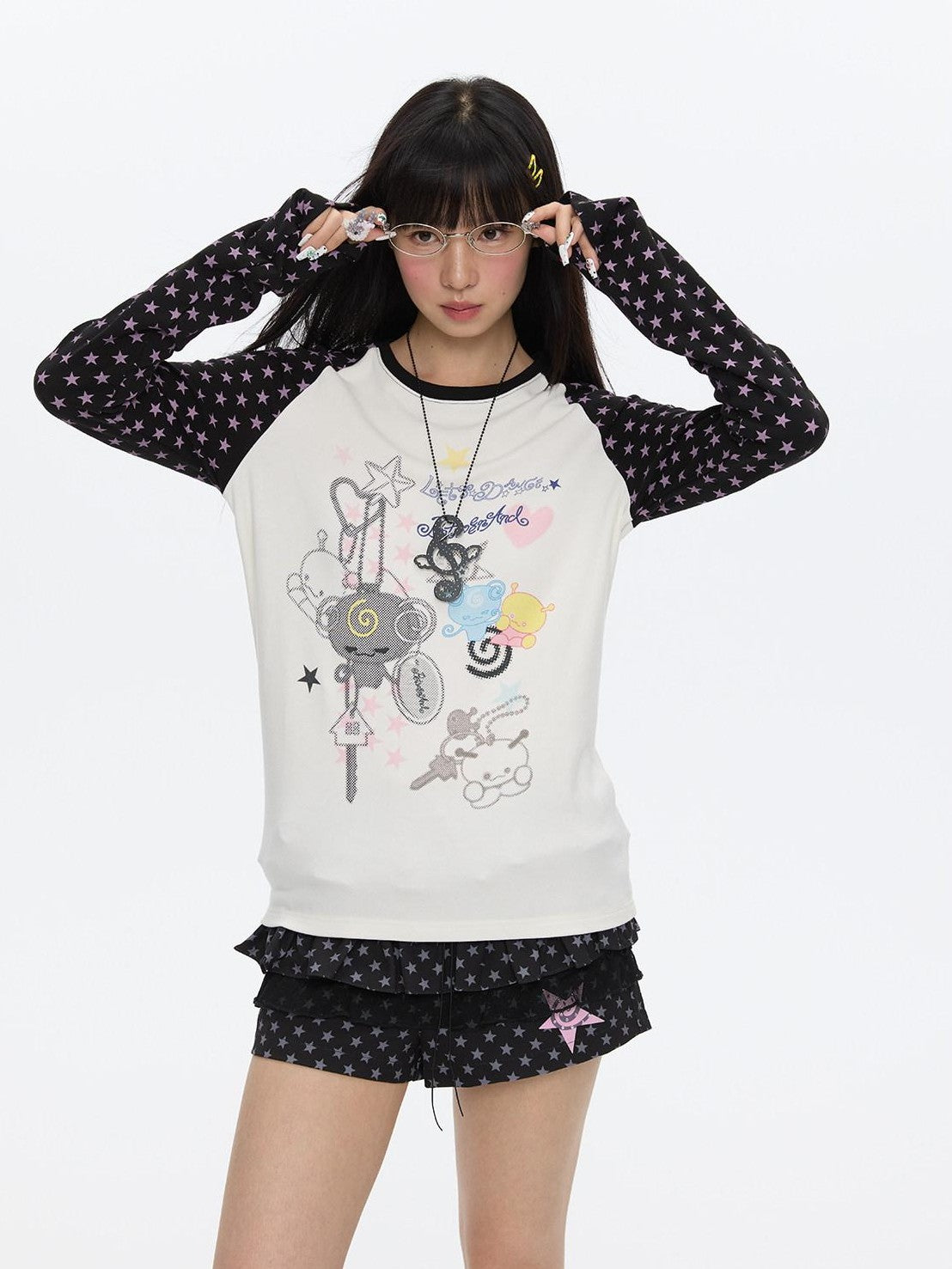 BETWEENAND Star Colorblock Raglan Print Women&