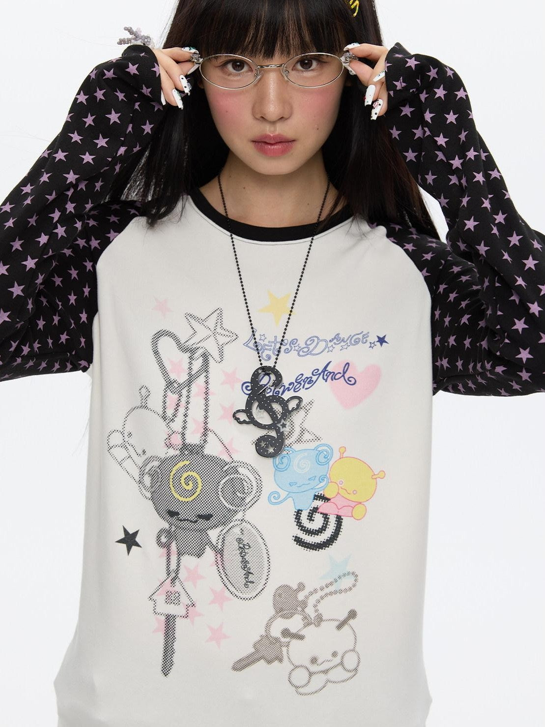 BETWEENAND Star Colorblock Raglan Print Women&