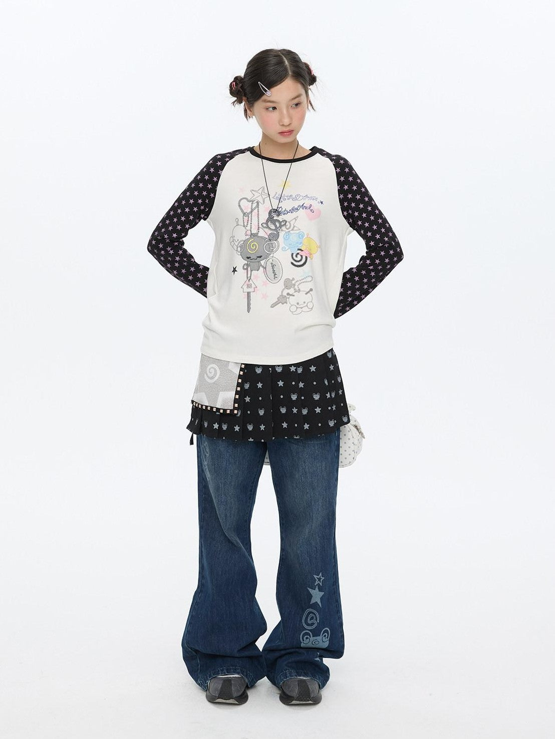 BETWEENAND Star Colorblock Raglan Print Women&
