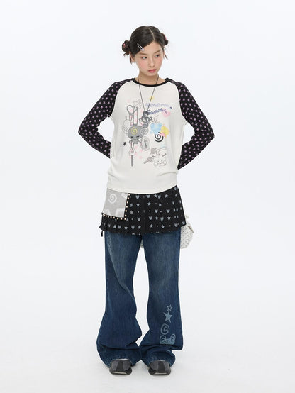 BETWEENAND Star Colorblock Raglan Print Women&