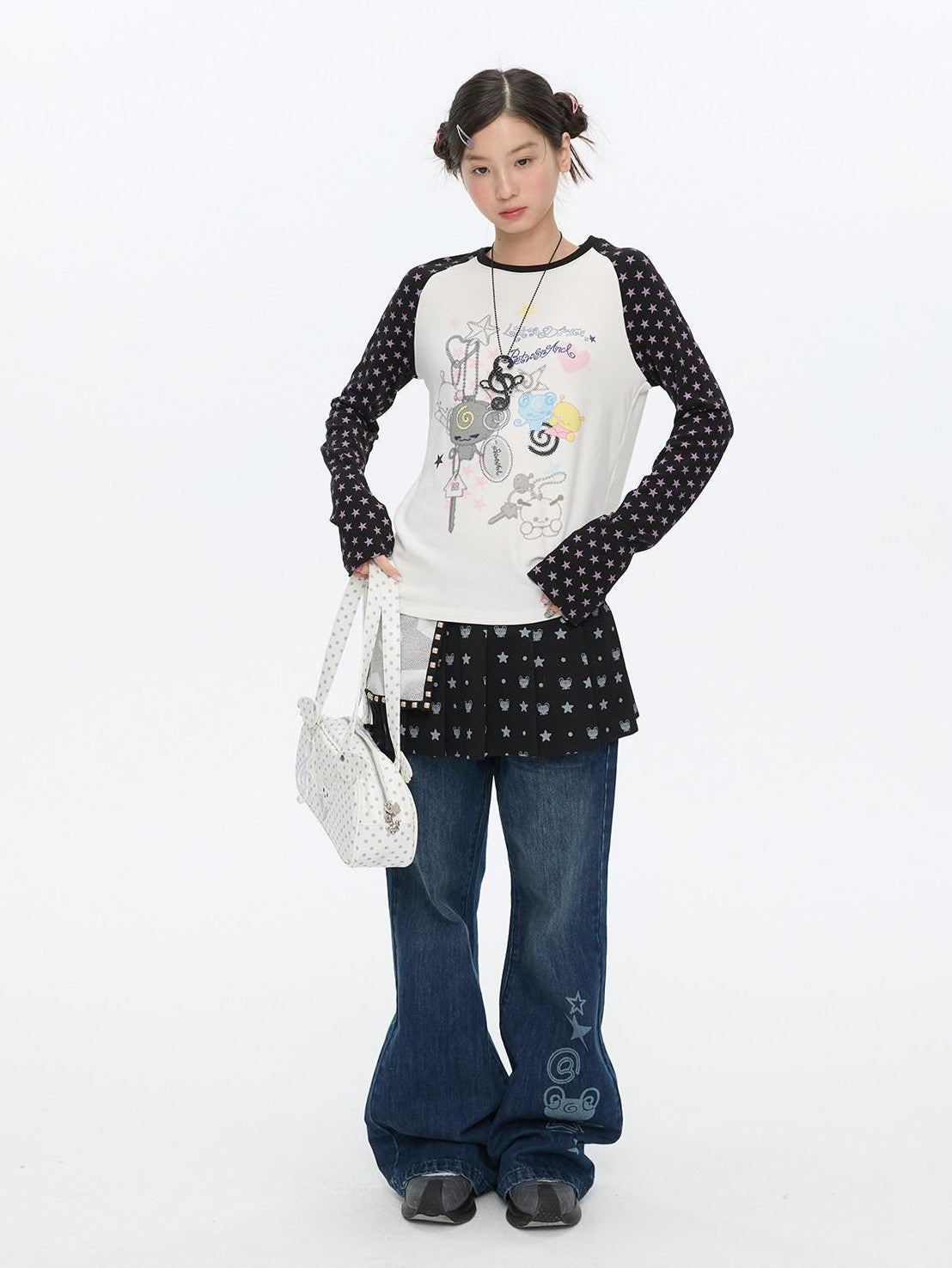 BETWEENAND Star Colorblock Raglan Print Women&