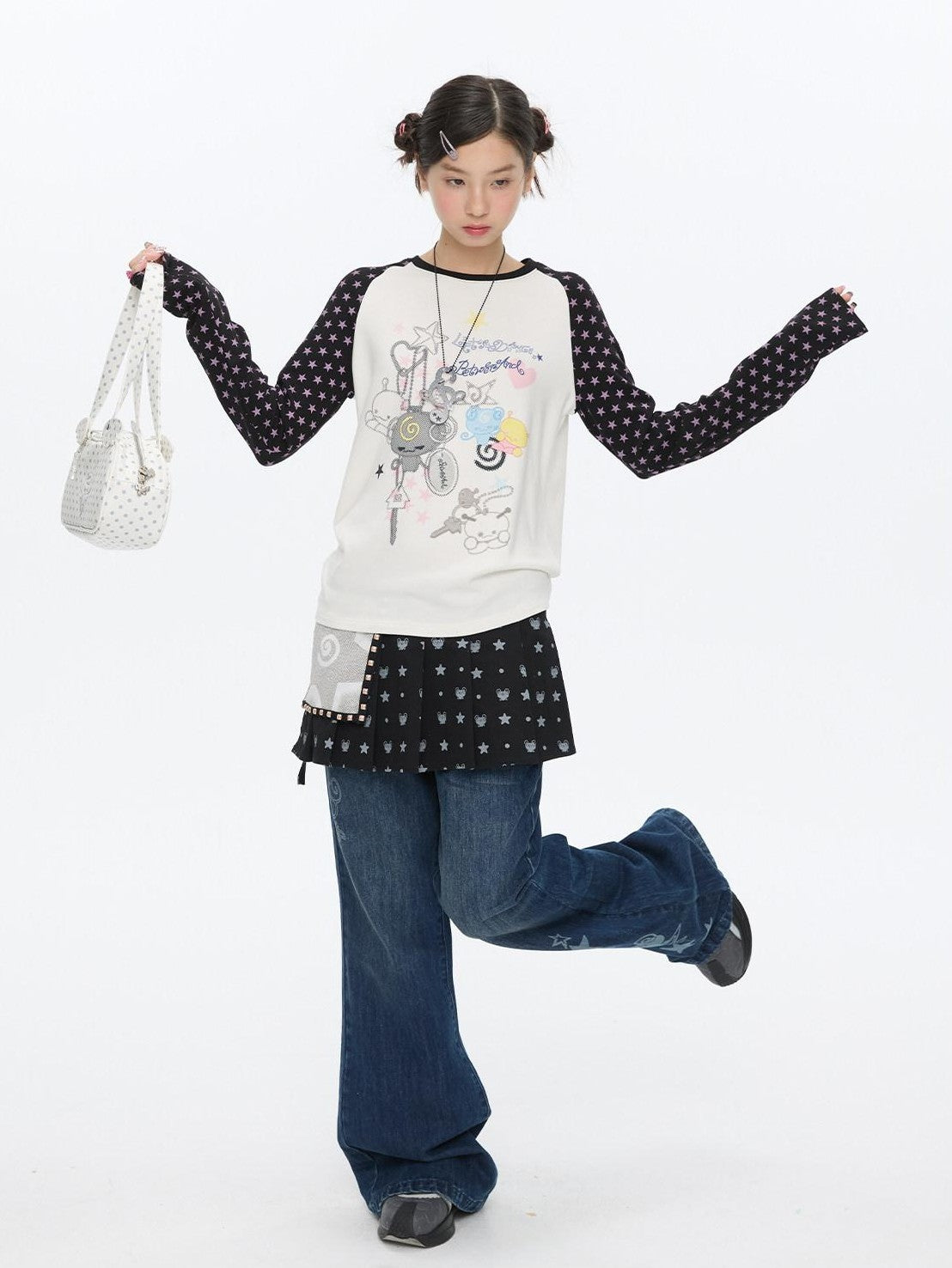 BETWEENAND Star Colorblock Raglan Print Women&
