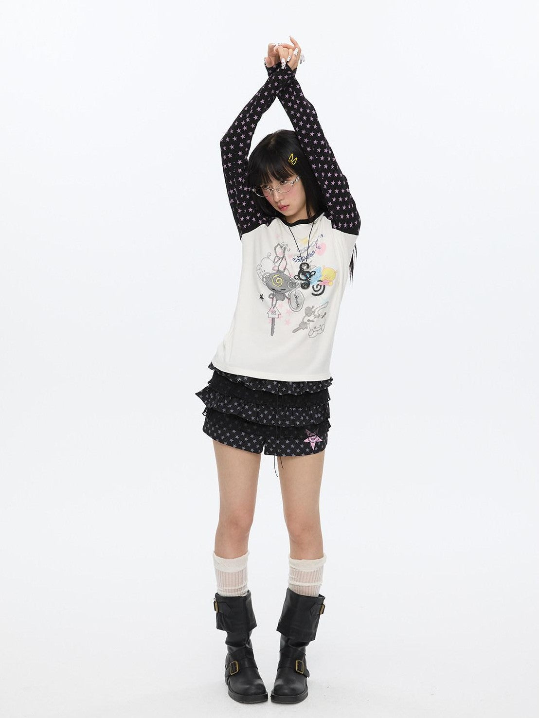 BETWEENAND Star Colorblock Raglan Print Women&