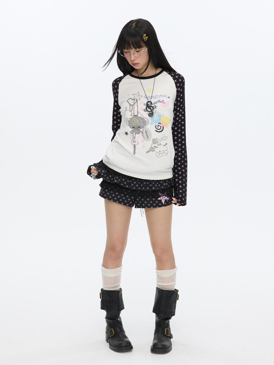 BETWEENAND Star Colorblock Raglan Print Women&