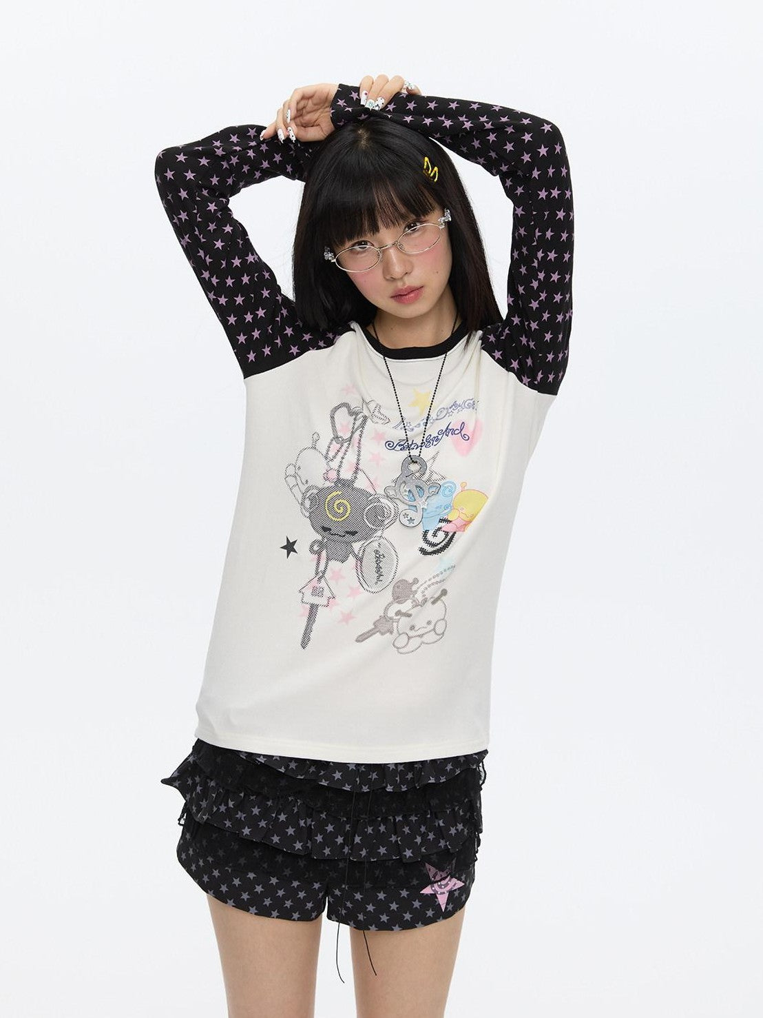 BETWEENAND Star Colorblock Raglan Print Women&