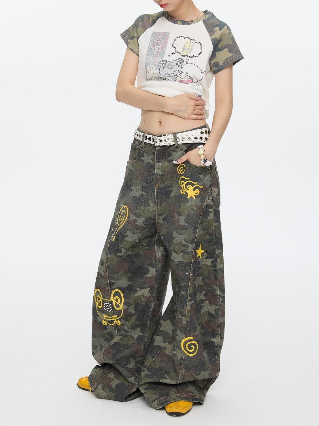 BETWEENAND Star Hotfix Rhinestone Camouflage Curved Blade Loose Women&