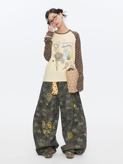 BETWEENAND Star Hotfix Rhinestone Camouflage Curved Blade Loose Women&