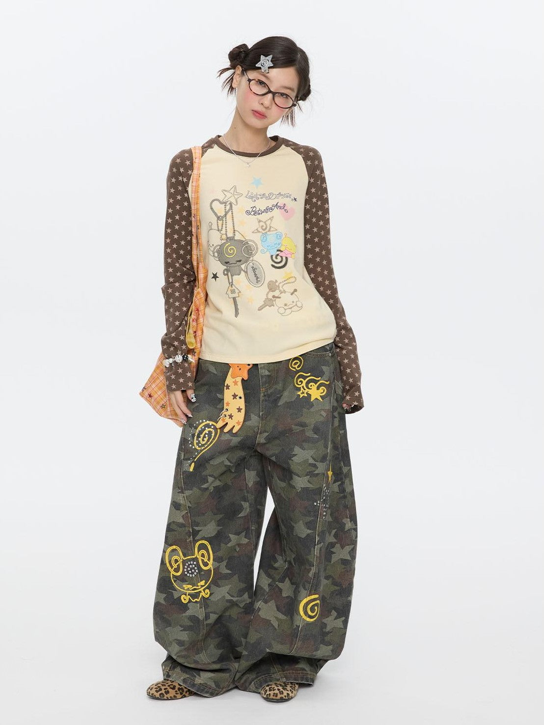 BETWEENAND Star Hotfix Rhinestone Camouflage Curved Blade Loose Women&