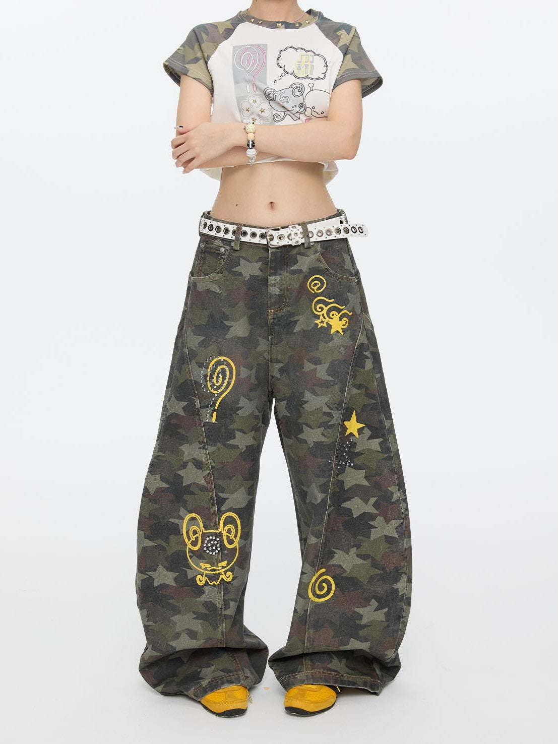 BETWEENAND Star Hotfix Rhinestone Camouflage Curved Blade Loose Women&