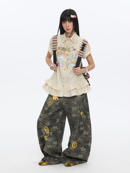 BETWEENAND Star Hotfix Rhinestone Camouflage Curved Blade Loose Women&