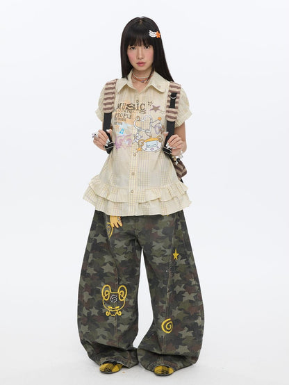 BETWEENAND Star Hotfix Rhinestone Camouflage Curved Blade Loose Women&