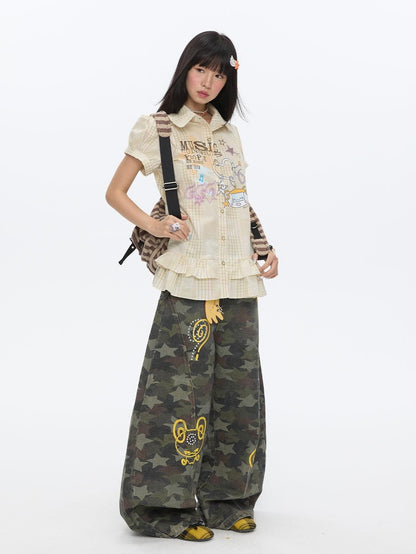 BETWEENAND Star Hotfix Rhinestone Camouflage Curved Blade Loose Women&