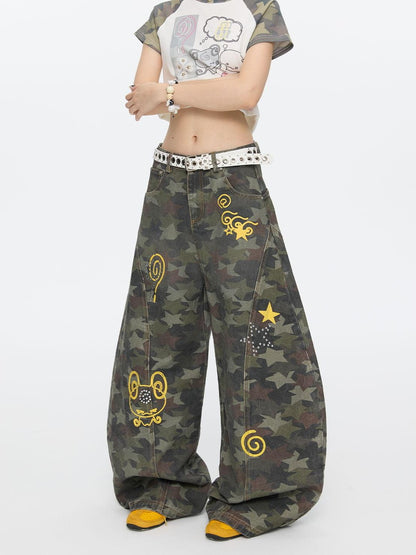 BETWEENAND Star Hotfix Rhinestone Camouflage Curved Blade Loose Women&