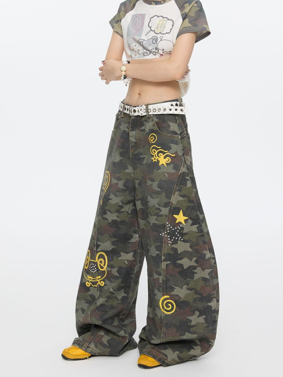 BETWEENAND Star Hotfix Rhinestone Camouflage Curved Blade Loose Women&